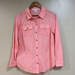 Christopher & Banks Dobby Dot Button Up Shirt Womens S Coral Pink Preppy Cowgirl
